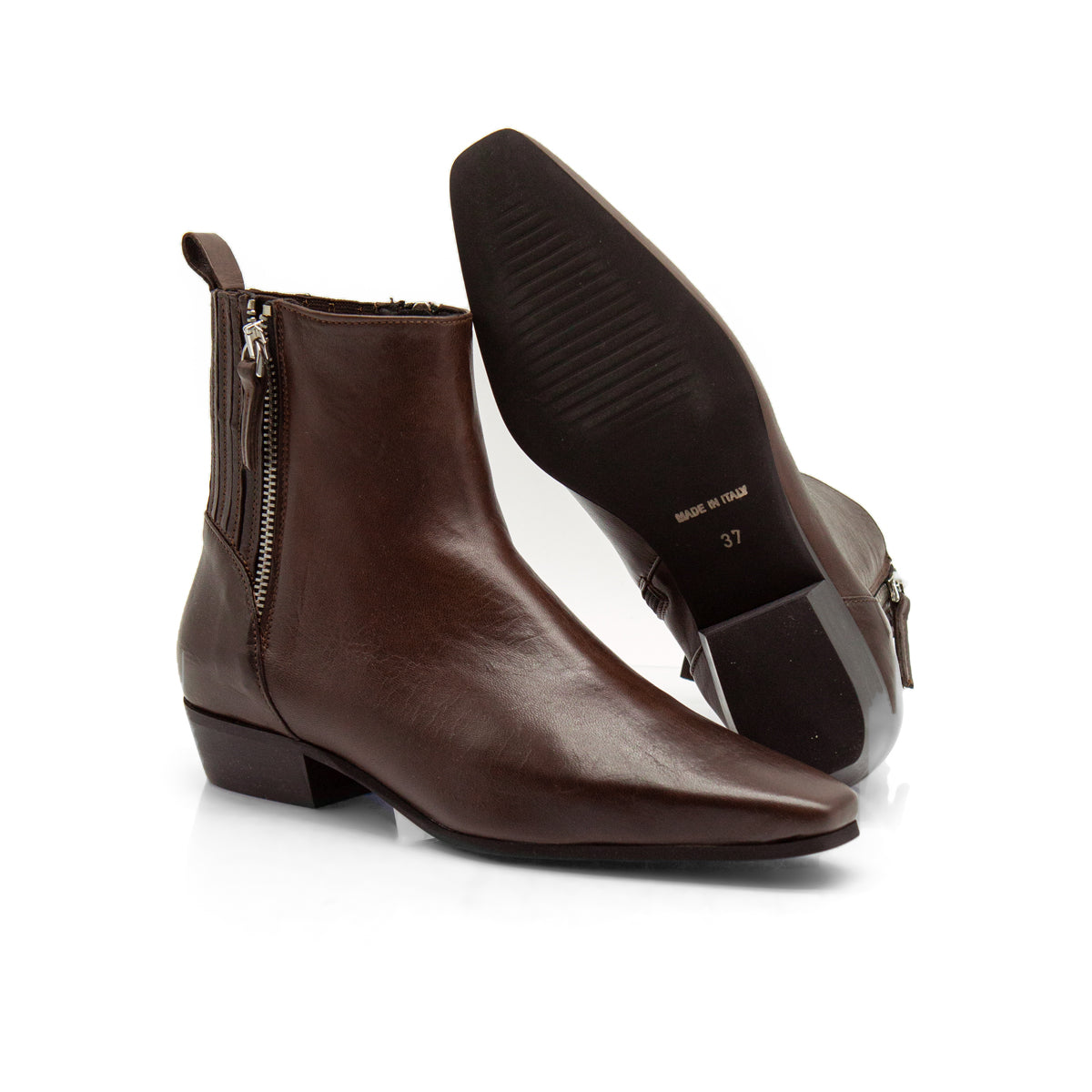 Figini - Tapered-toe ankle boots with twin zips in dark brown tumbled nappa leather