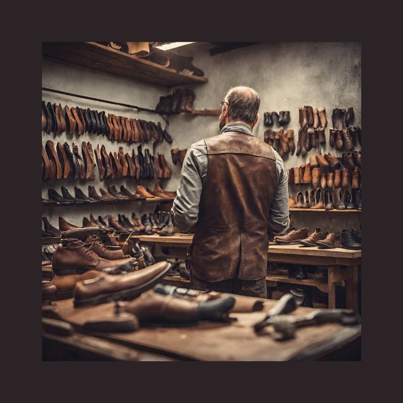 artigiano di spalle nel suo laboratorio di scarpe artigianali