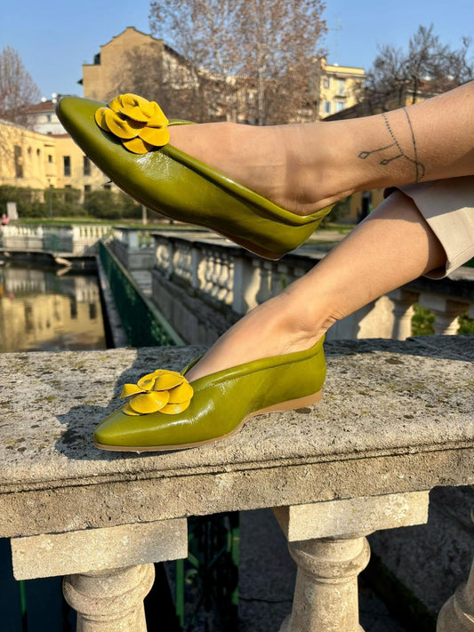 Figini - Ballerine flex con fiore in vernice verde e gialla - Figini Milano