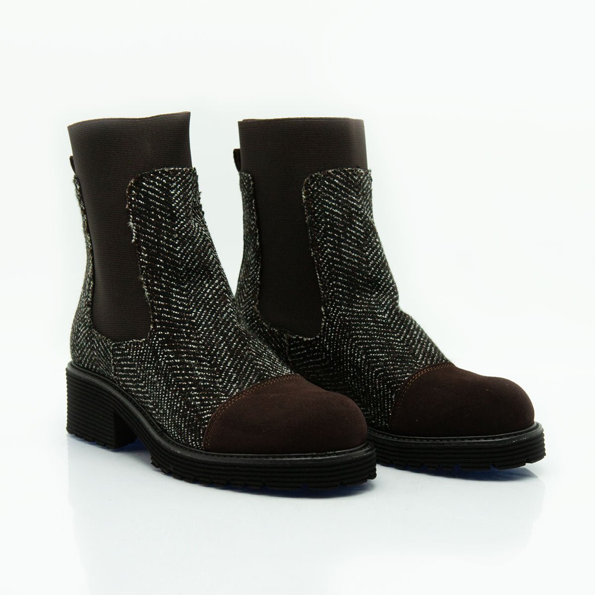 Figini - Chunky Boots in Tessuto Spigato e Camoscio testa moro - Figini Milano