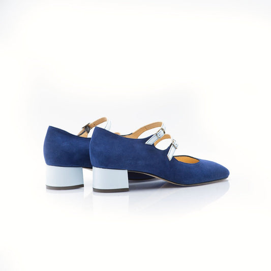 Figini - Mary Jane doppio cinturino con tacco 3 cm in camoscio blu - Figini Milano