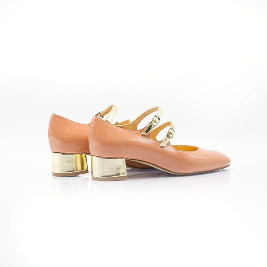 Figini - Mary Jane doppio cinturino con tacco 3 cm in vernice pesca - Figini Milano