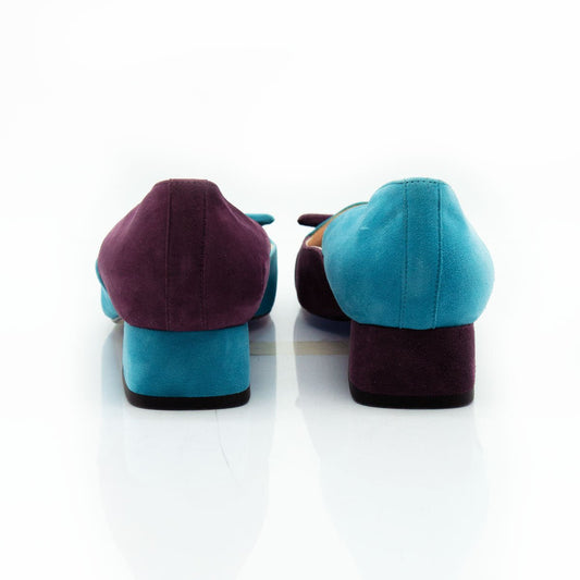 Figini - Mocassini asimmetrici con tacco 3 cm in camoscio turchese e prugna - Figini Milano