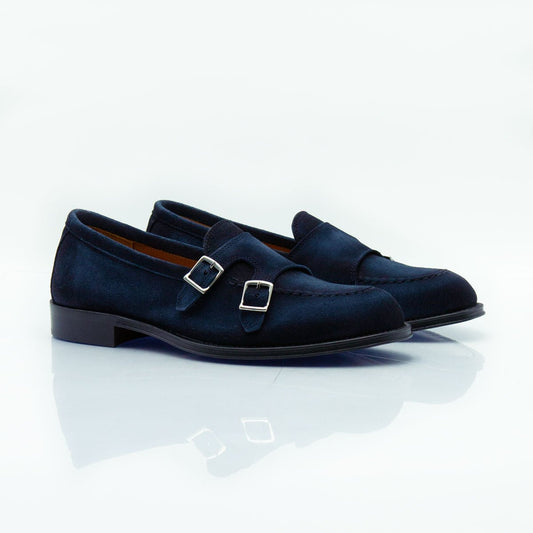 Figini - Mocassini monk in camoscio blu aerografato - Figini Milano
