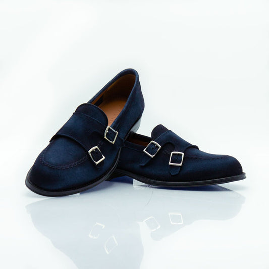 Figini - Mocassini monk in camoscio blu aerografato - Figini Milano
