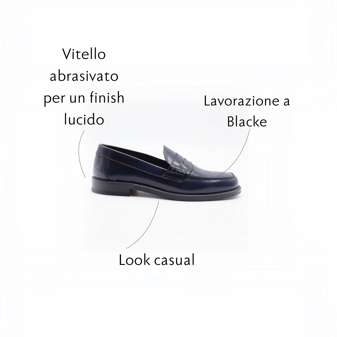 Figini - Mocassino Collegge con suola in cuoio in Vitello Abrasivato Blu - Figini Milano