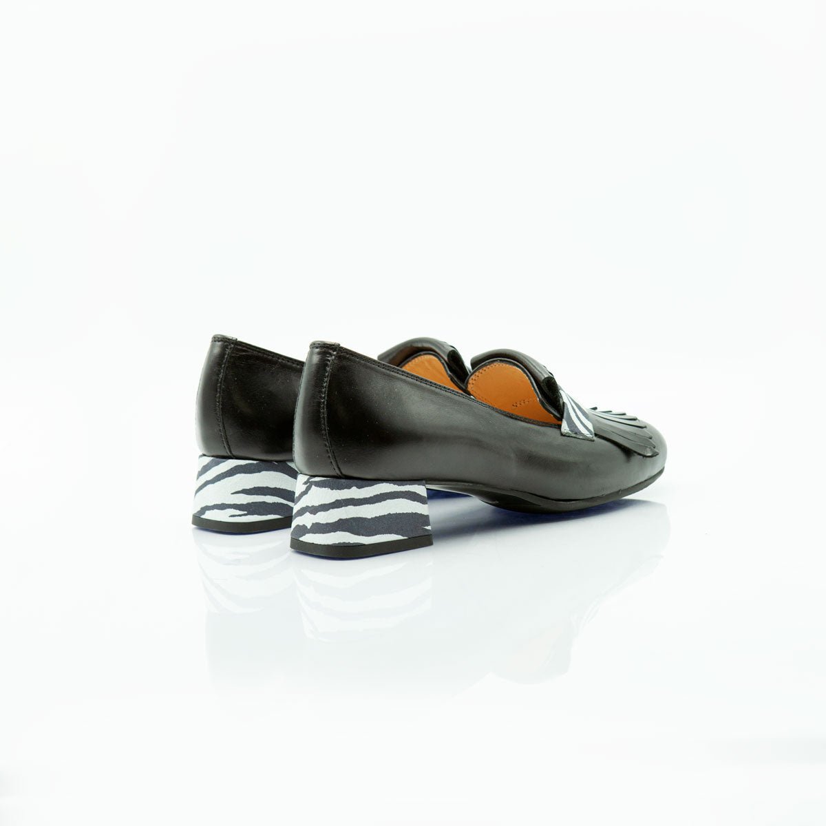 Figini - Mocassino con frangia e tacco di 3 cm in Vitello nero con inserti zebra - Figini Milano