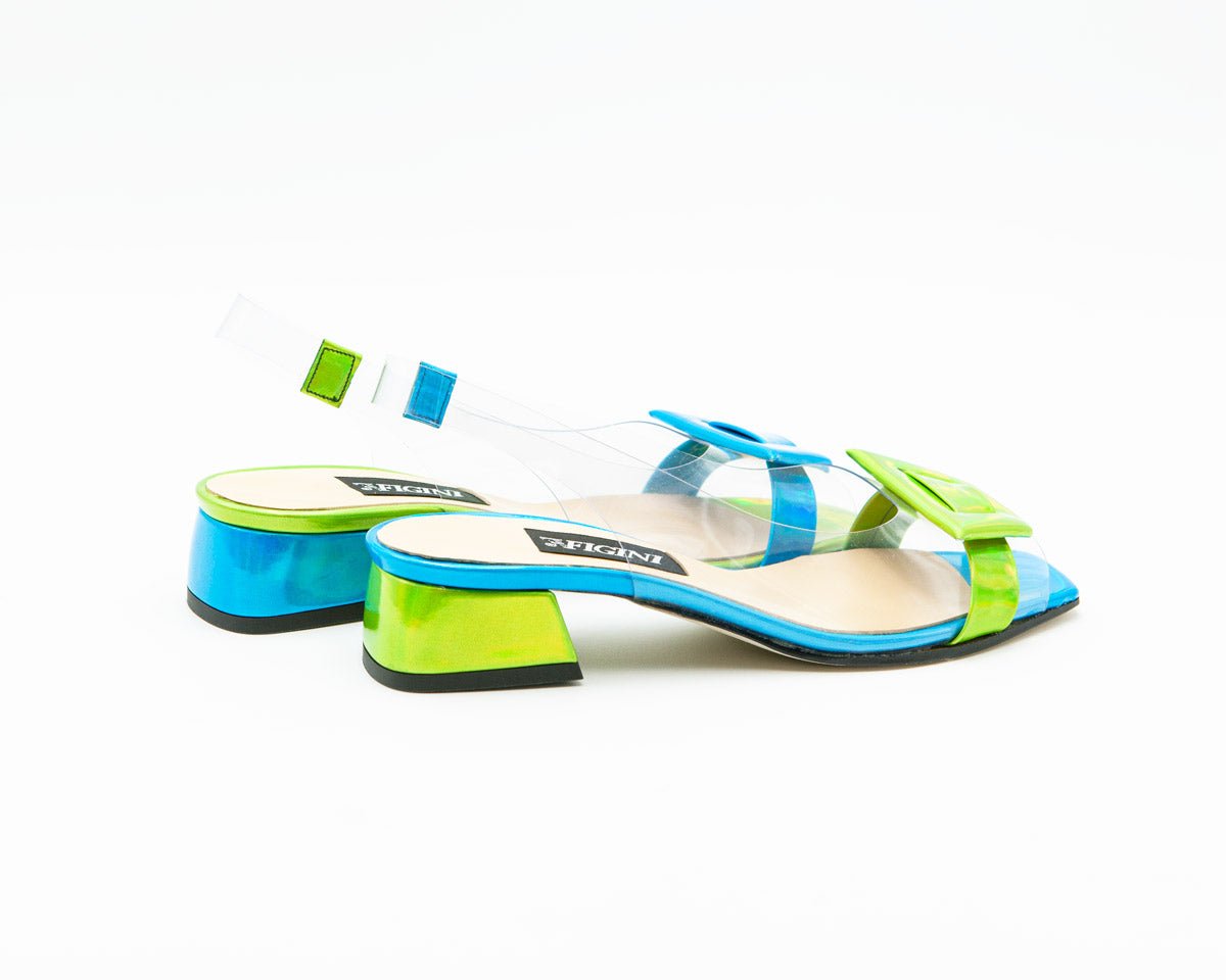 Figini - Sandali Asimmetrici in vinile con tacco 3 cm Azzurro - Lime - Figini Milano