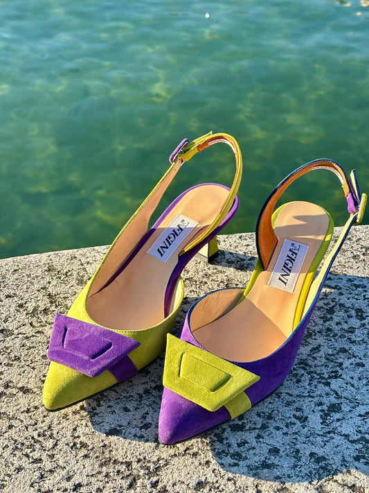 Figini - Slingback Asimmetriche con tacco di 5cm in lime e viola - Figini Milano