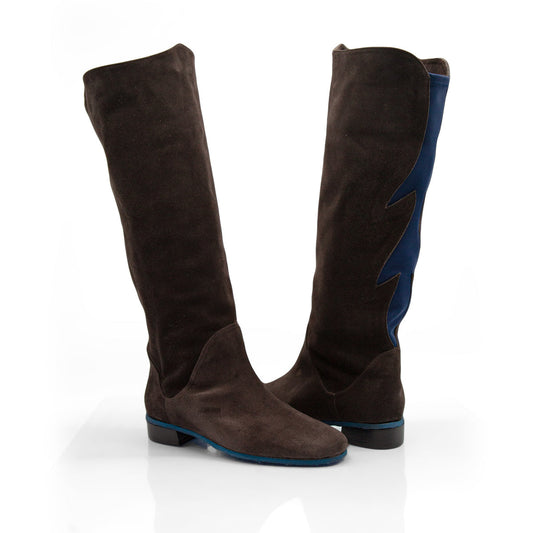 Figini - Stivali con elastico fiamma in camoscio testamoro e dettagli blu - vista incrociati