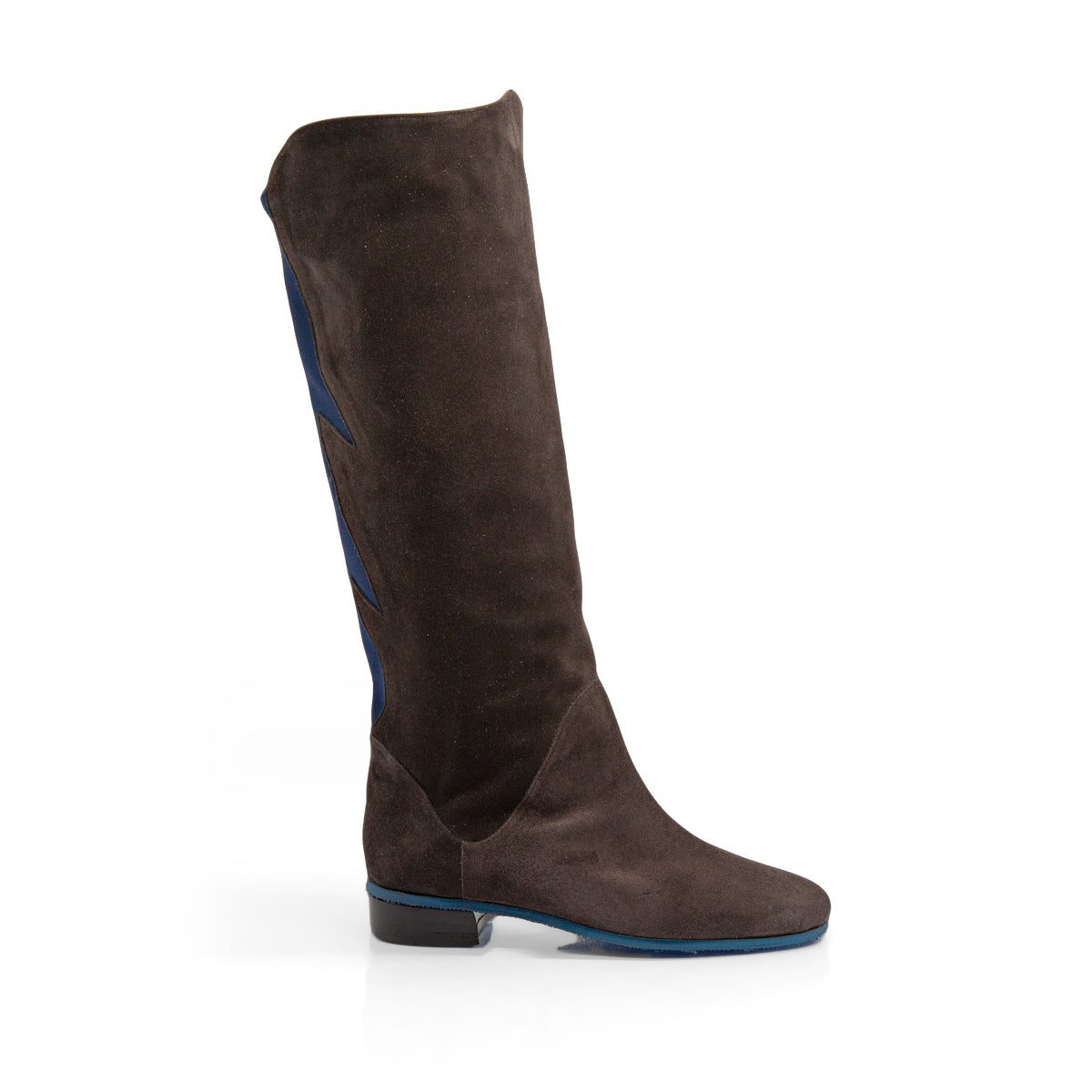 Figini - Stivali con elastico fiamma in camoscio testamoro e dettagli blu - vista profilo