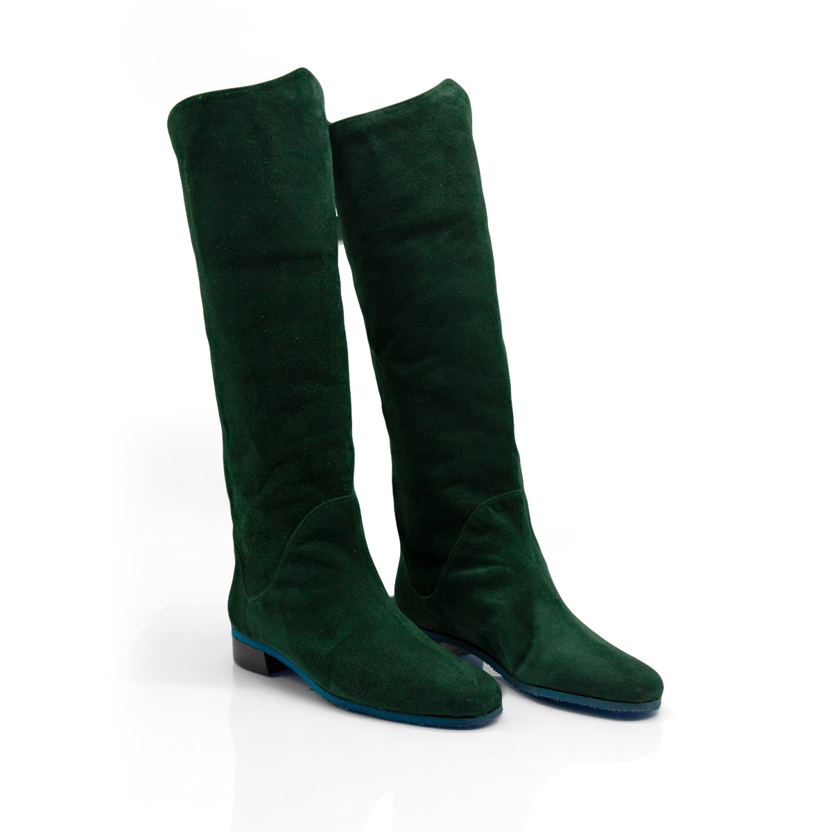 Figini - Stivali con elastico fiamma in camoscio verde e dettagli blu - vista davanti