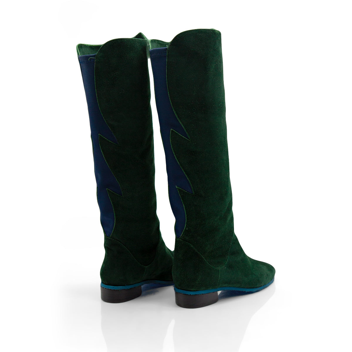Figini - Stivali con elastico fiamma in camoscio verde e dettagli blu - vista dietro