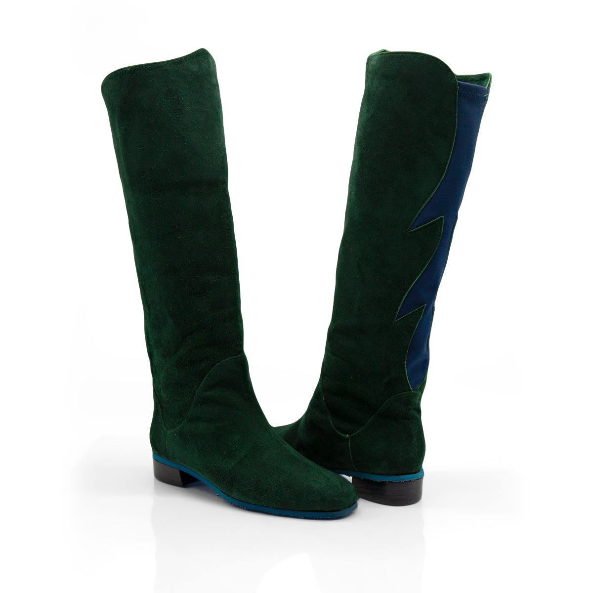 Figini - Stivali con elastico fiamma in camoscio verde e dettagli blu - vista incrociati