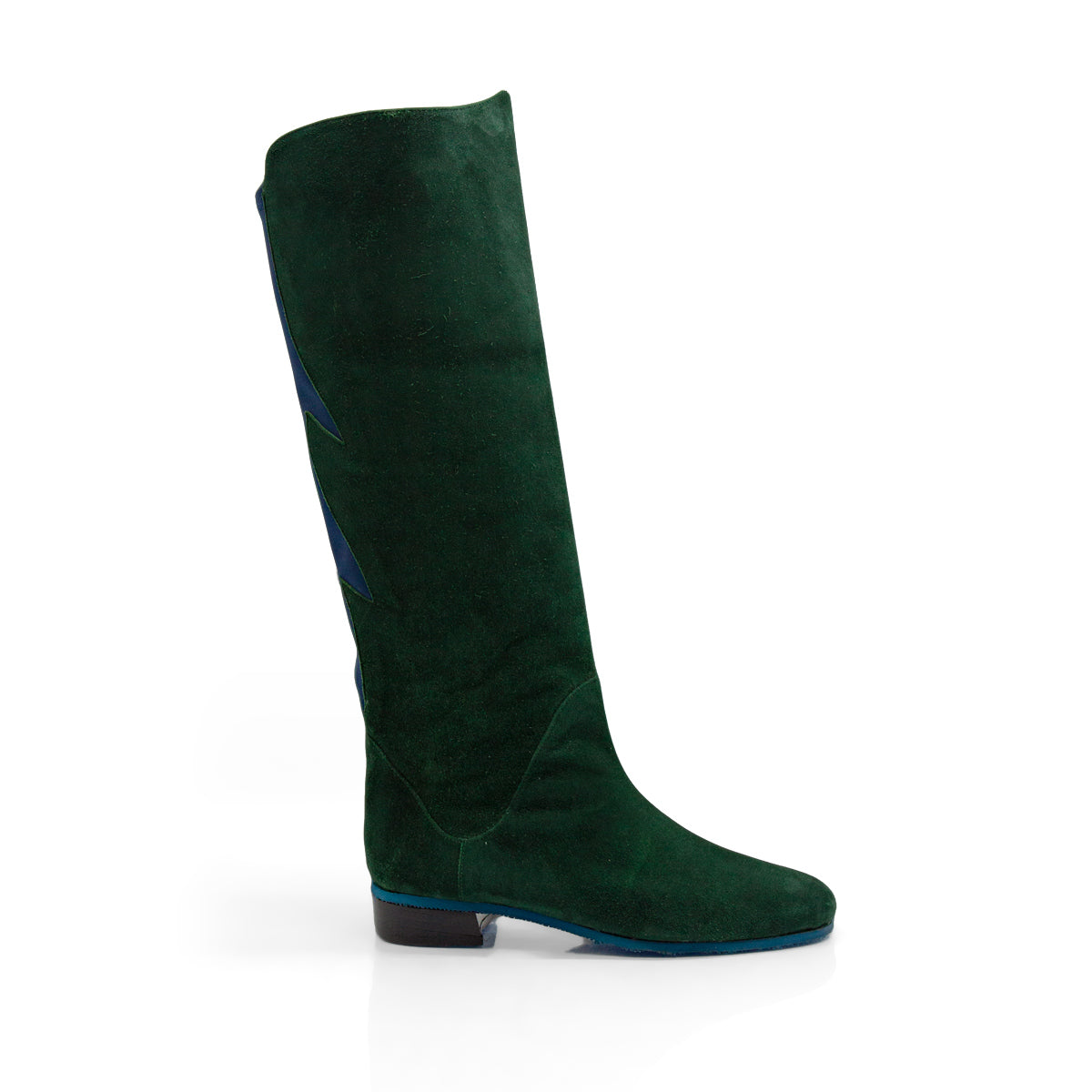 Figini - Stivali con elastico fiamma in camoscio verde e dettagli blu - vista profilo