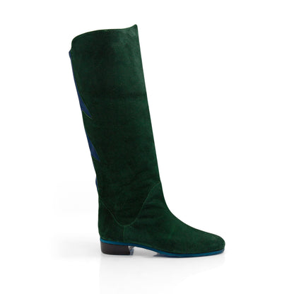 Figini - Stivali con elastico fiamma in camoscio verde e dettagli blu - vista profilo