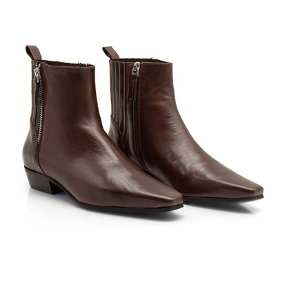 Figini - Tapered-toe ankle boots with twin zips in dark brown tumbled nappa leather