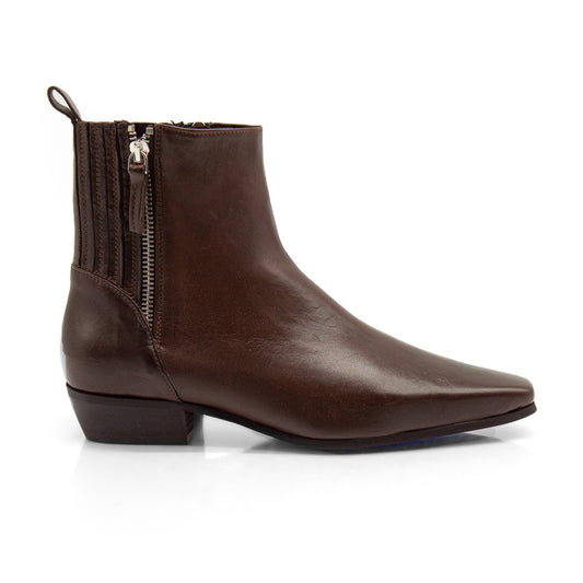 Figini - Tapered-toe ankle boots with twin zips in dark brown tumbled nappa leather
