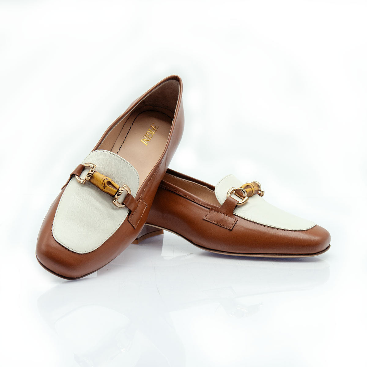 Figini - White and Tan Nappa Mocassins with Bamboo Detail