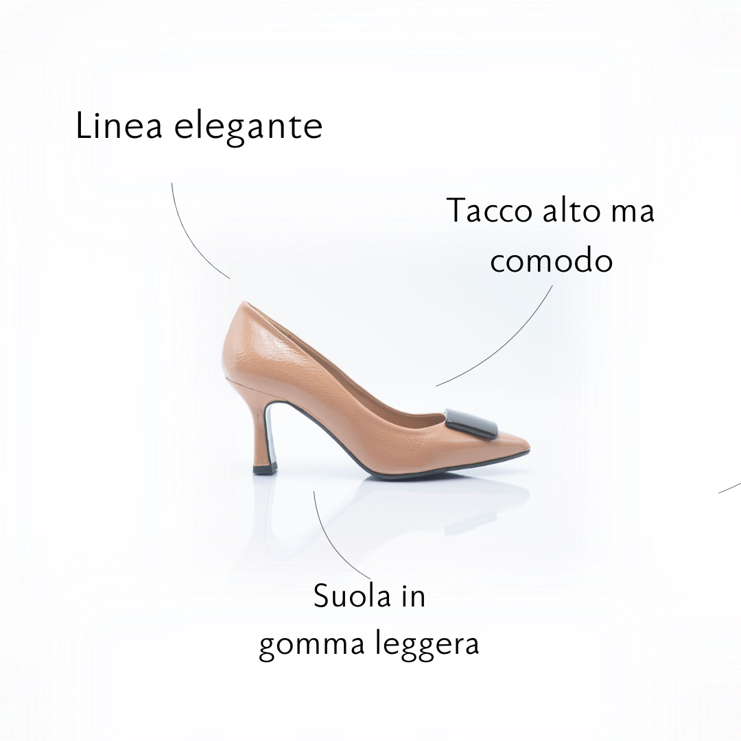 Figini - Nude and Brown Pump with Square Buckle and 7cm Heel