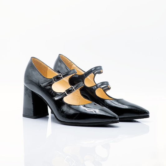Figini- Black Patent Leather Mary Jane, Double Strap, with 7 cm Heels