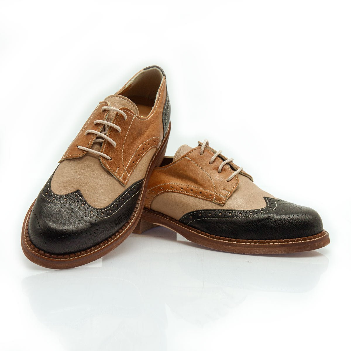Figini - Allacciate Derby Coda di Rondine in Nappa Nero Beige Cuoio - Figini Milano