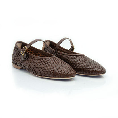 Figini - Ballerine Mary Jane Intrecciate con Suola Cuoio in Nappa Marrone - Figini Milano