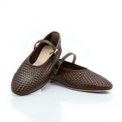 Figini - Ballerine Mary Jane Intrecciate con Suola Cuoio in Nappa Marrone - Figini Milano