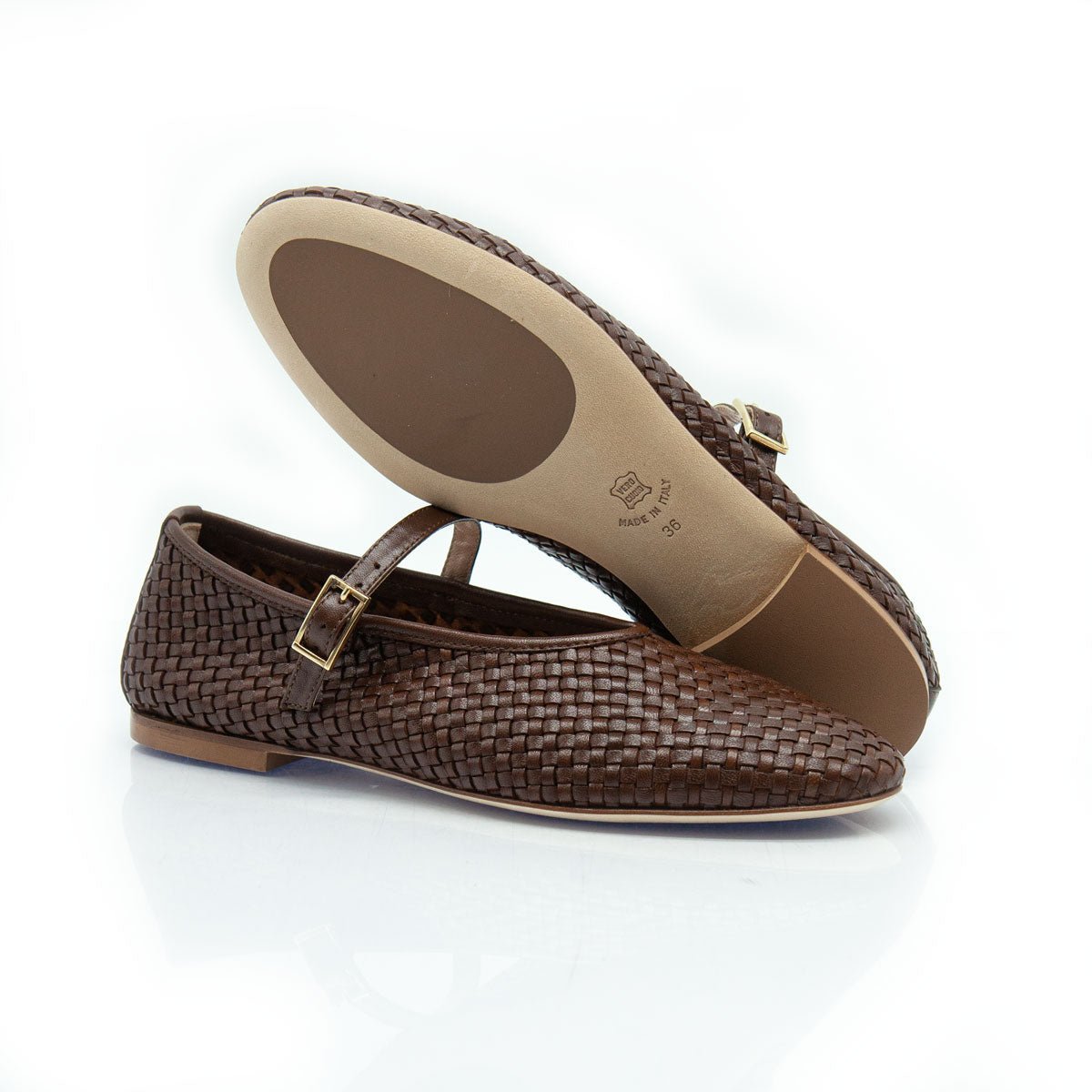 Figini - Ballerine Mary Jane Intrecciate con Suola Cuoio in Nappa Marrone - Figini Milano