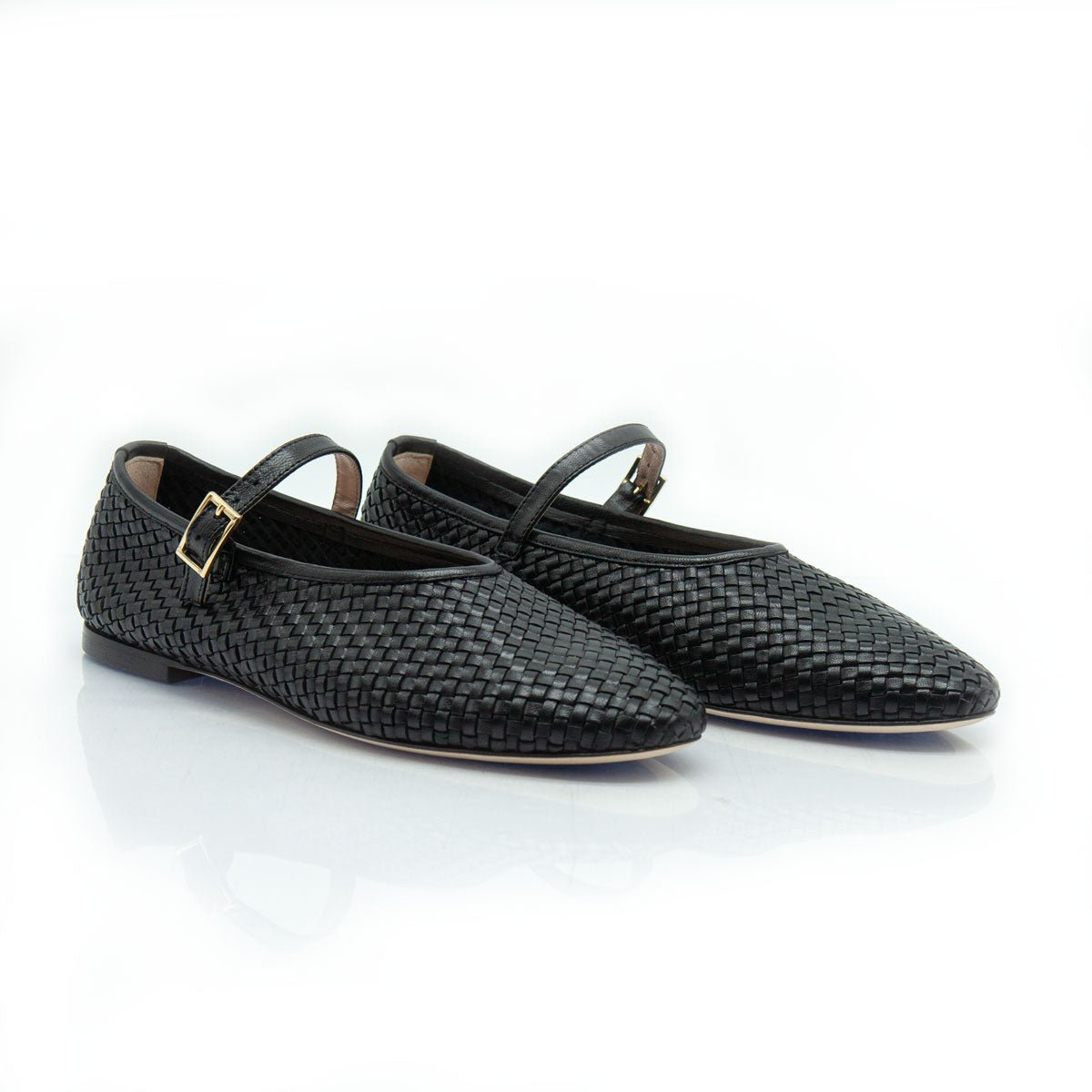 Figini - Ballerine Mary Jane Intrecciate con Suola Cuoio in Nappa Nero - Figini Milano