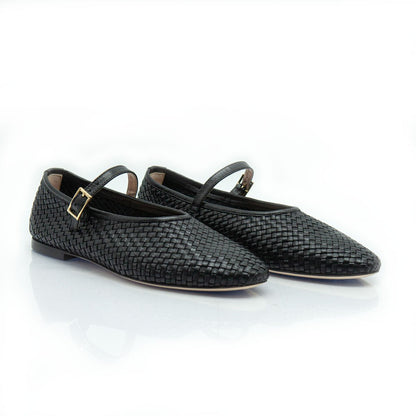 Figini - Ballerine Mary Jane Intrecciate con Suola Cuoio in Nappa Nero - Figini Milano