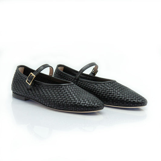Figini - Ballerine Mary Jane Intrecciate con Suola Cuoio in Nappa Nero - Figini Milano