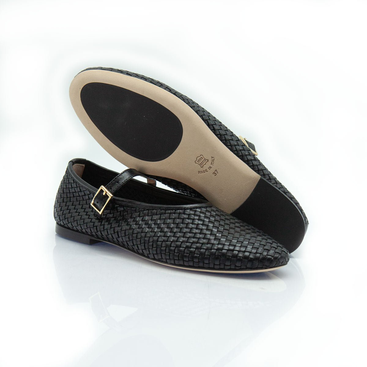 Figini - Ballerine Mary Jane Intrecciate con Suola Cuoio in Nappa Nero - Figini Milano