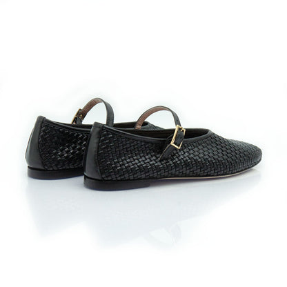 Figini - Ballerine Mary Jane Intrecciate con Suola Cuoio in Nappa Nero - Figini Milano