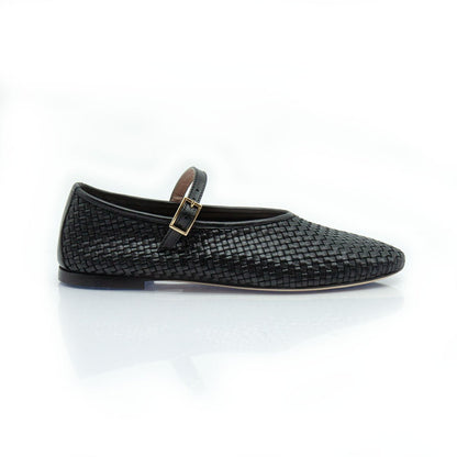 Figini - Ballerine Mary Jane Intrecciate con Suola Cuoio in Nappa Nero - Figini Milano