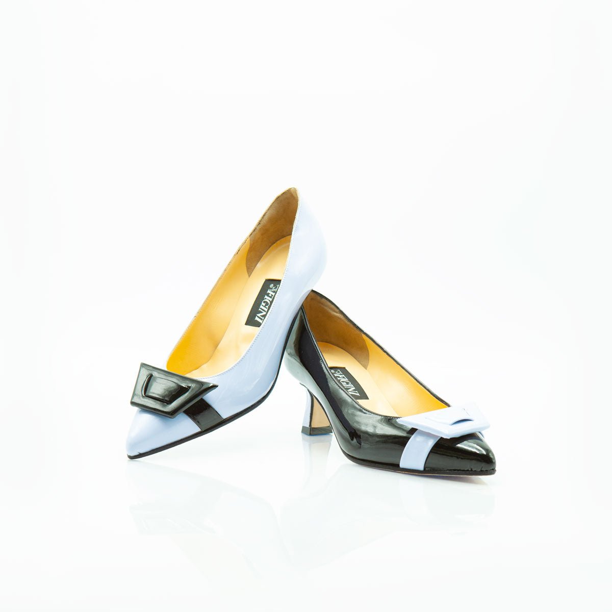 Figini - Décolleté Asimmetriche con fibbia e tacco di 5 cm in Vernice Nero - Cielo - Figini Milano