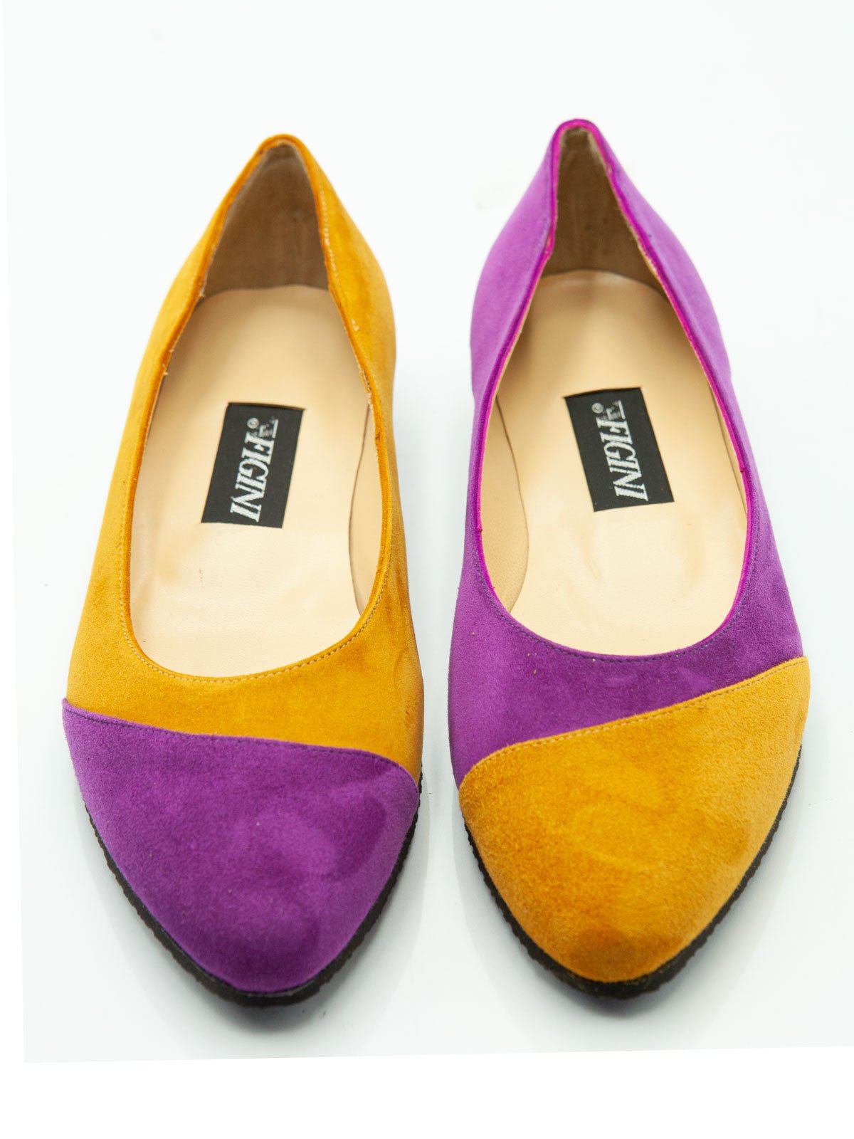 Figini - Décolleté asimmetriche con tacco di 2 cm in camoscio ciclamino - ocra - Figini Milano