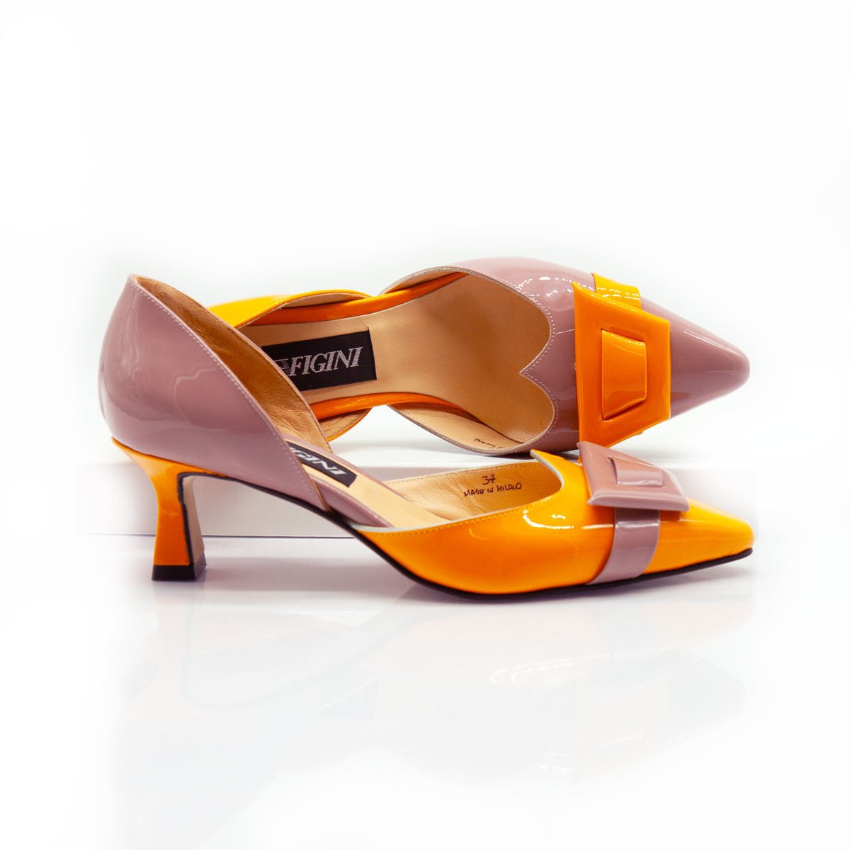 Figini - Décolleté D'Orsay asimmetriche con tacco 5 cm in vernice ocra - mocha mousse - Figini Milano