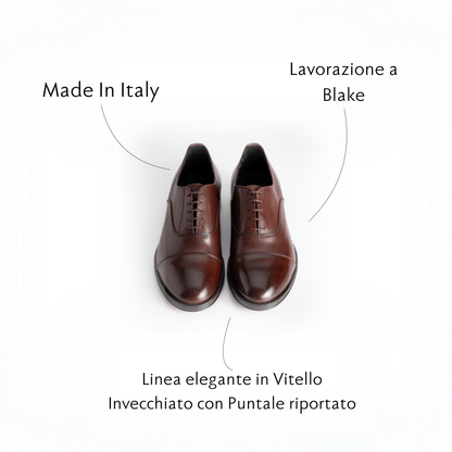 Figini - Francesina Oxford con suola in cuoio in vitello Marrone invecchiato - Figini Milano