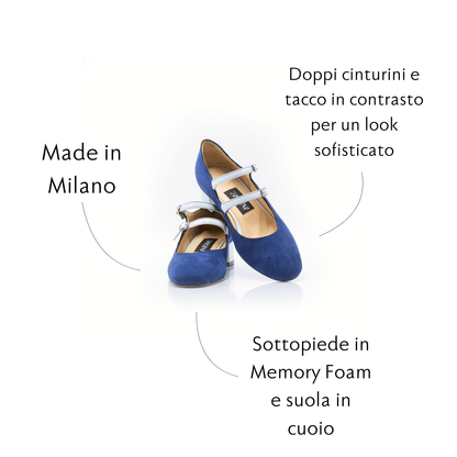 Figini - Mary Jane doppio cinturino con tacco 3 cm in camoscio blu - Figini Milano