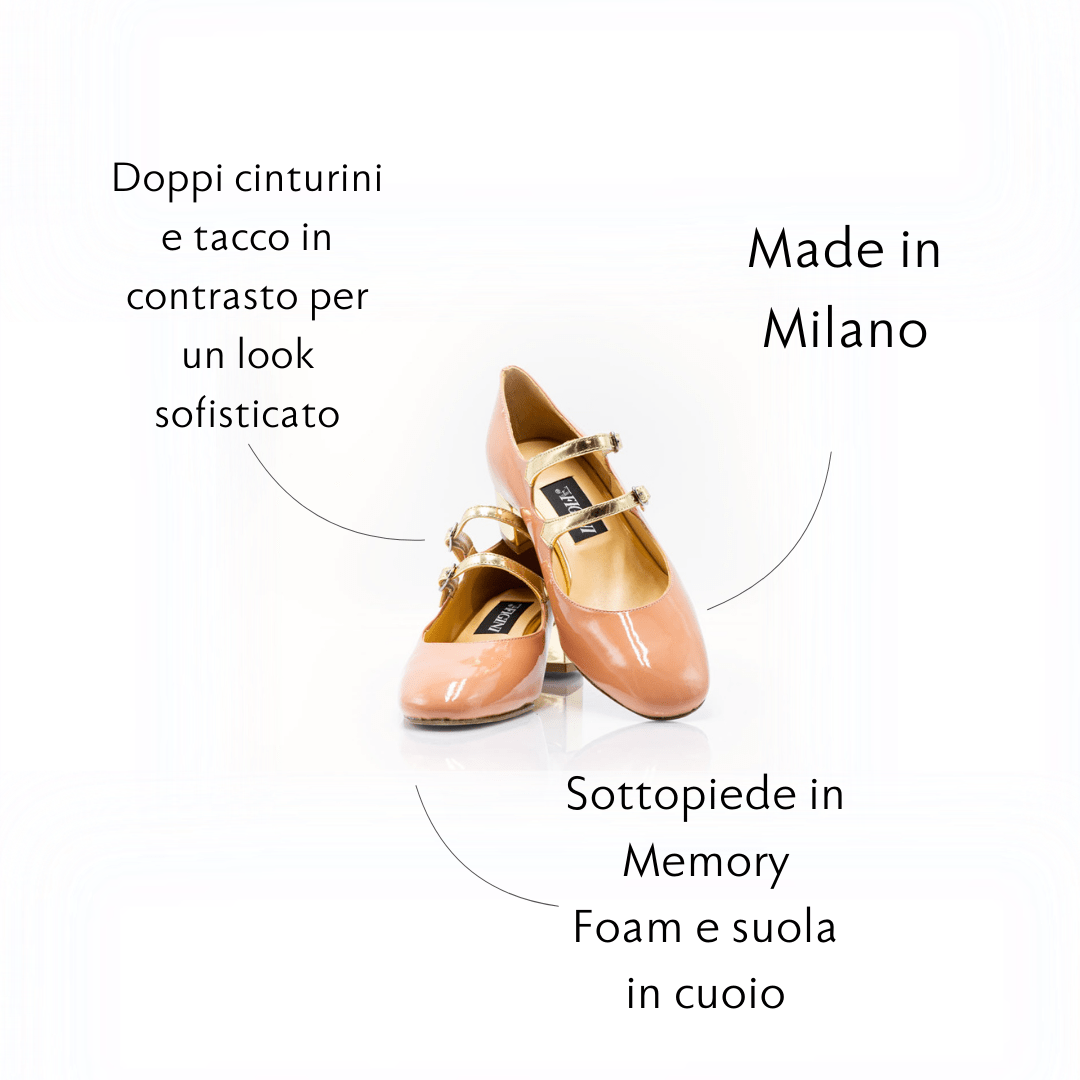 Figini - Mary Jane doppio cinturino con tacco 3 cm in vernice pesca - Figini Milano