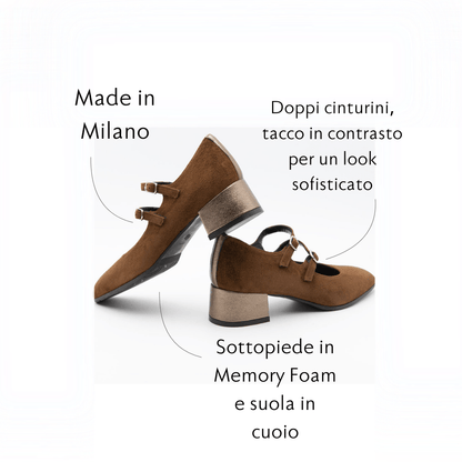 Figini - Mary Jane doppio cinturino con tacco 4 cm in Camoscio Marrone - Figini Milano