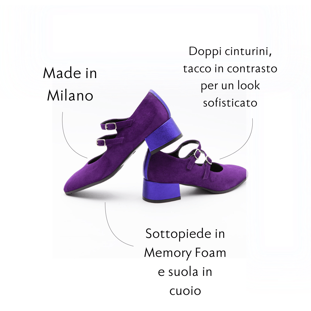 Figini - Mary Jane doppio cinturino con tacco 4 cm in Camoscio Viola - Figini Milano