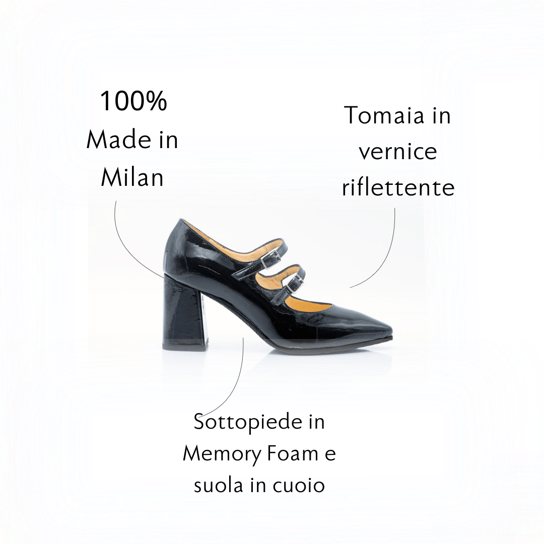 Figini - Mary Jane doppio cinturino con tacco 7 cm in Vernice Nera - Figini Milano