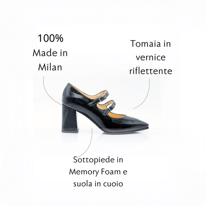Figini - Mary Jane doppio cinturino con tacco 7 cm in Vernice Nera - Figini Milano