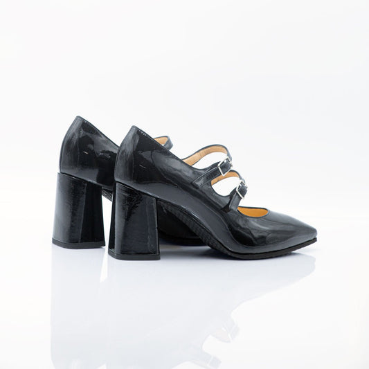 Figini - Mary Jane doppio cinturino con tacco 7 cm in Vernice Nera - Figini Milano