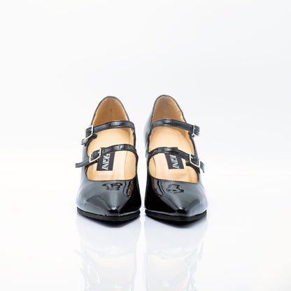 Figini - Mary Jane doppio cinturino con tacco 7 cm in Vernice Nera - Figini Milano