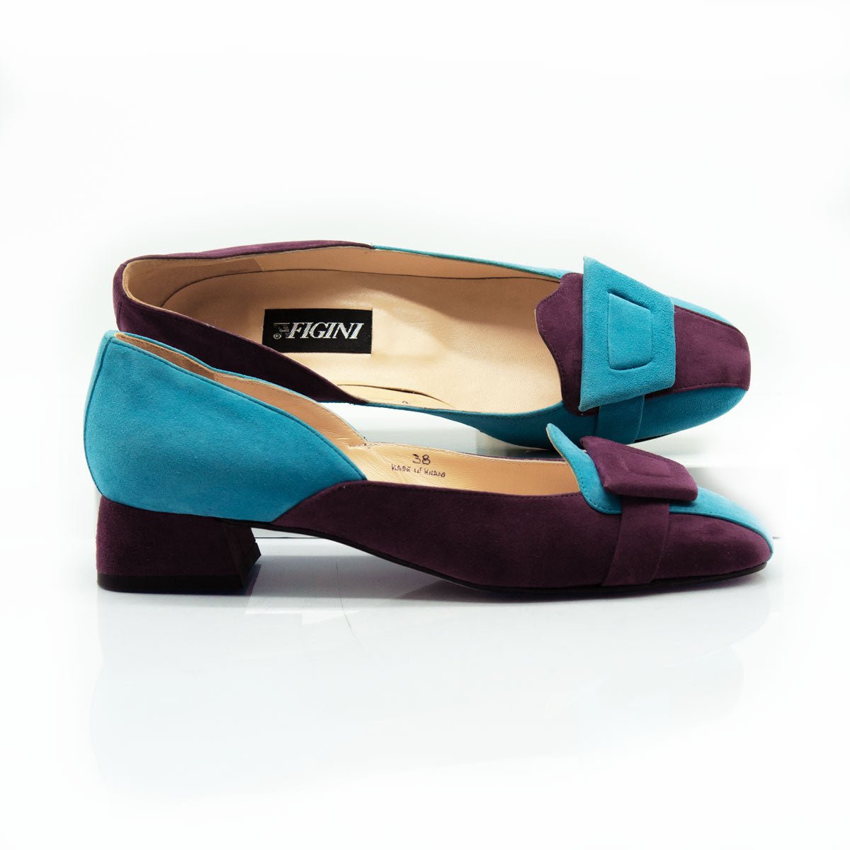 Figini - Mocassini asimmetrici con tacco 3 cm in camoscio turchese e prugna - Figini Milano