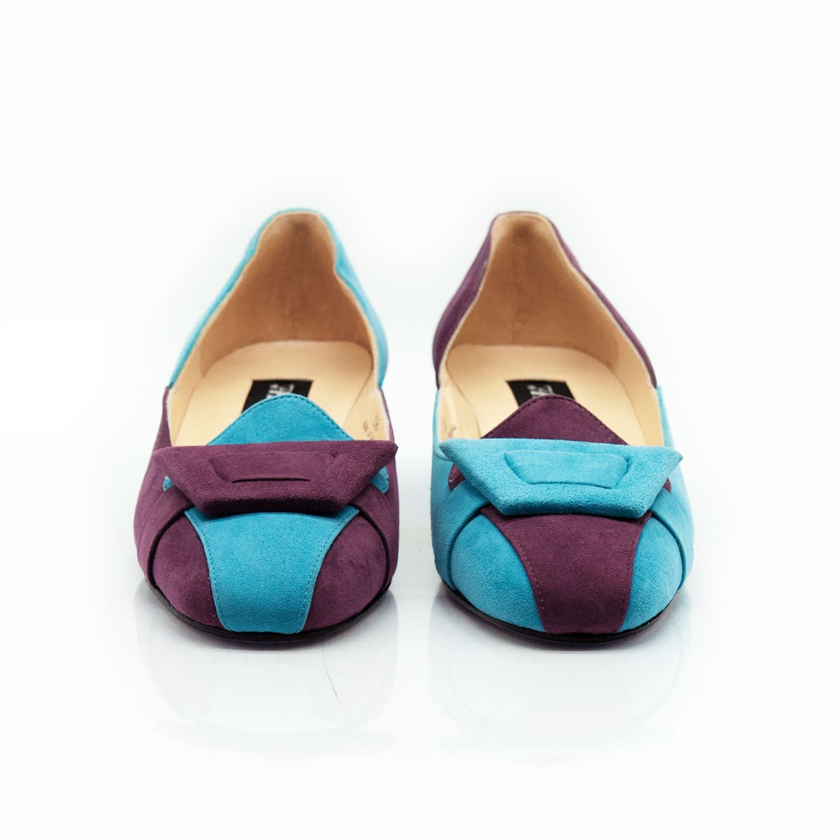 Figini - Mocassini asimmetrici con tacco 3 cm in camoscio turchese e prugna - Figini Milano