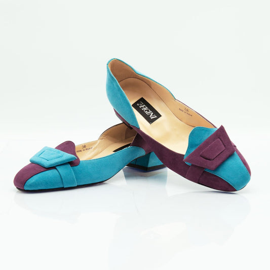 Figini - Mocassini asimmetrici con tacco 3 cm in camoscio turchese e prugna - Figini Milano